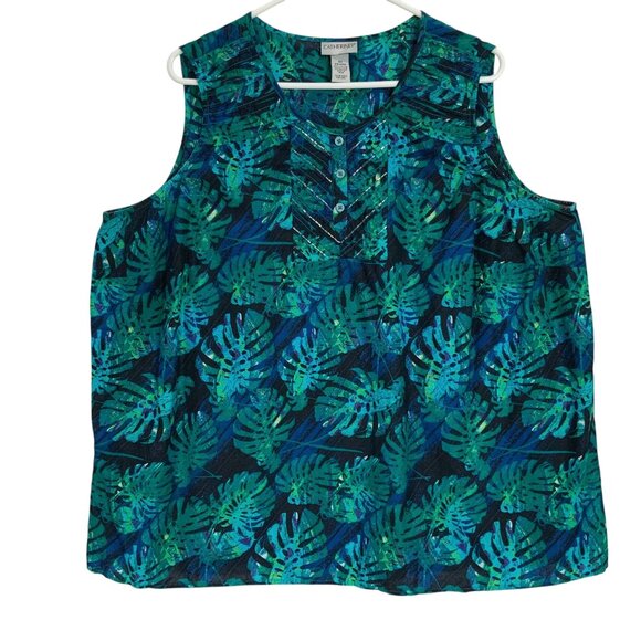 Catherines 2X Sleeveless Tropical Leaf Print Henley Blouse Top Plus Size - Picture 1 of 4